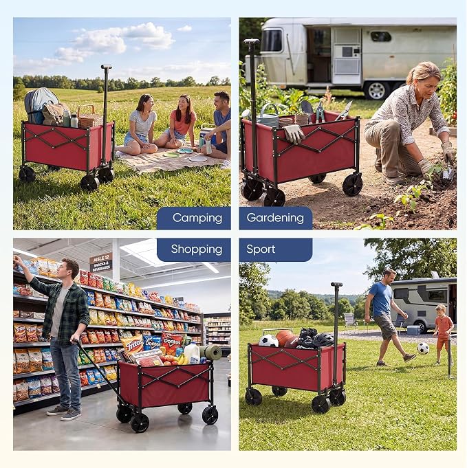 DUMOS Collapsible Wagon with Wheels, 220LBS Wagons Carts Foldable Small Wagon Cart with Flexible Handle, Lightweight Portable Folding Utility Grocery Shopping Cart for Sports Garden Camping, Red