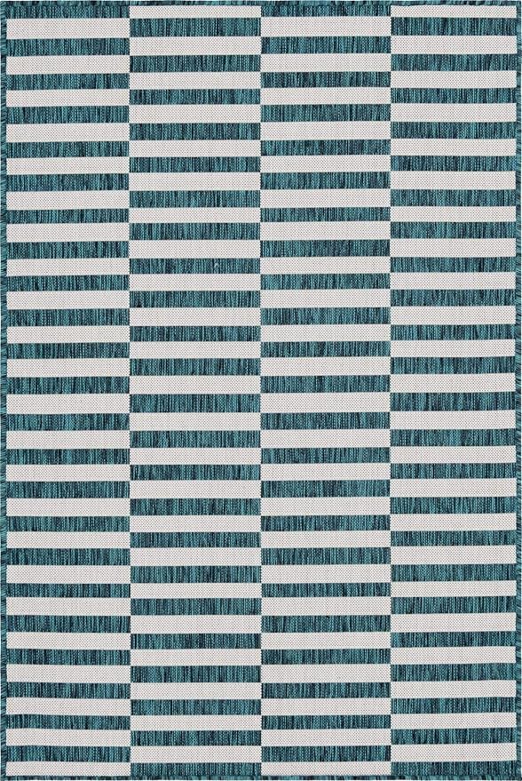 Unique Loom Outdoor Striped Collection Area Rug - Striped (4' 1" x 6' 1" Rectangle, Teal/Ivory)