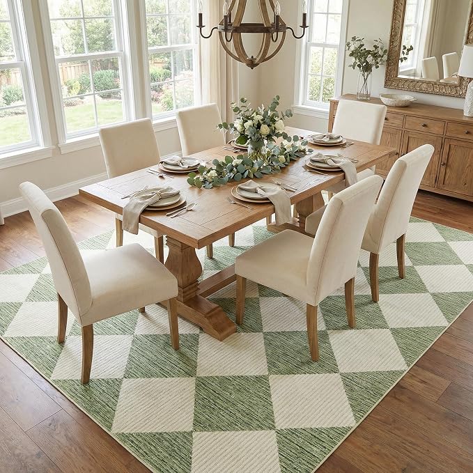 GarveeHome Sage Green Area Rug 9x12 Living Room Checkered Washable Rug | Large Diamond Non Slip Backing Floor Mat Indoor Soft Thin Carpet for Bedroom Dining Room Playroom Nursery Home Decor