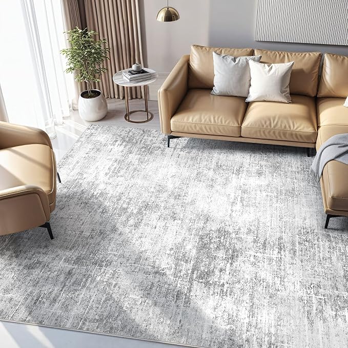 kakania Abstract 10x12 Area Rugs for Living Room: Washable Rugs Grey White | Soft, Non-Slip, Low-Pile, Pet & Kid Friendly - Large Modern Home Decor Carpet for Bedroom/Dining Room/Office/Nursery