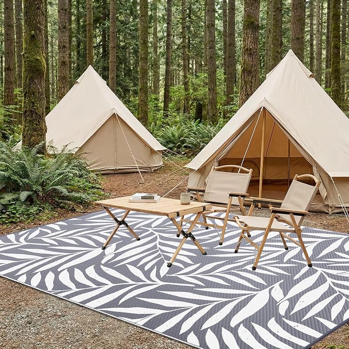 Smiry Outdoor Rug 8x10 ft, Waterproof Reversible Plastic Straw Rugs, Outdoor Area Rug with Leaf Pattern, Outside Floor Mat for Patio, Backyard, Deck, Picnic, Beach, Camping, Grey & White