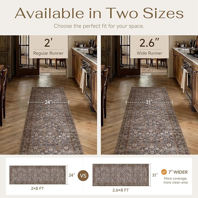 HUGEAR 2'6''x8 Runner Rug Machine Washable Tradition Brown Hallway Area Rugs Indoor Accent Rugs Floral Low Pile Carpet Distressed Throw Rug Bedroom Living Room Office Dining Kitchen Laundry Non Slip