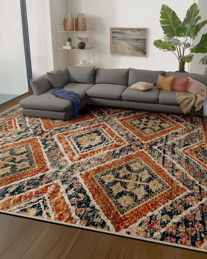 9'x12' Washable Area Rug for Living Room Bedroom Orange/Brown | Soft Western No Slip Low Pile Print Foldable Indoor for Kitchen Dining Room