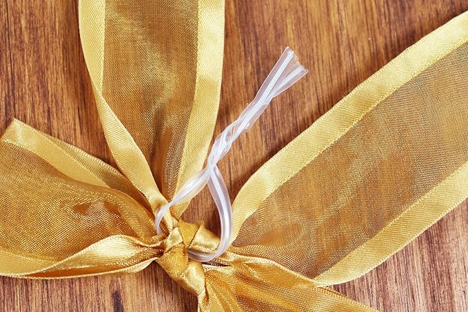 Gold Pre-Tied Organza Bows with Twist Ties. Pack of 12 Satin-Edged Fabric Bows Made of 1-1/2" Ribbon. Bow Measures 4" Wide (12, Gold)