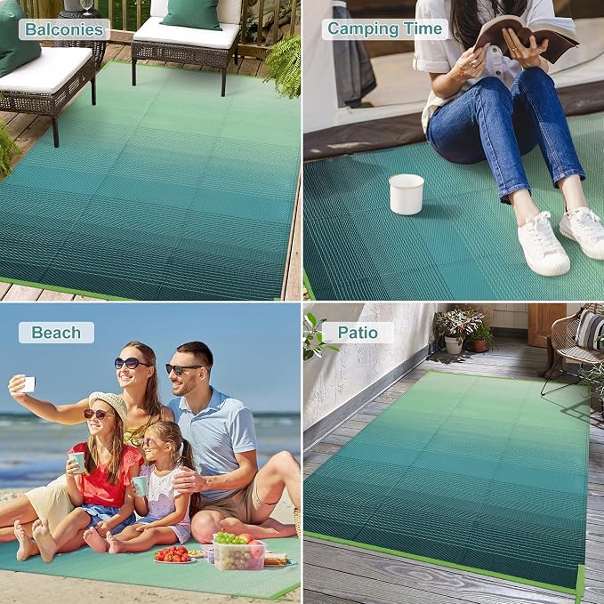 Lahome Outdoor Plastic Straw Rug 5x8, Reversible Waterproof Outdoor Rug Rv Outdoor Mats for Camping Large Carpet for Porch, Deck, Camper, Balcony, Picnic, Blue-Green 5x8