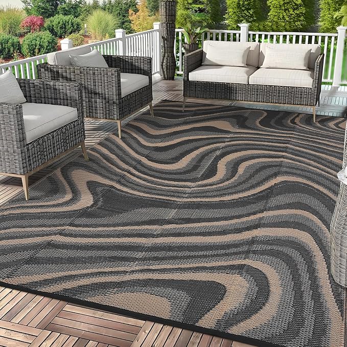 Garvee 9x18 Outdoor Rug, Waterproof Camping Rugs for Outside Your RV, Abstract Plastic Straw Rug with Portable Bag, Reversible UV Resistant Mats for Picnic Backyard Porch, Black Coffee
