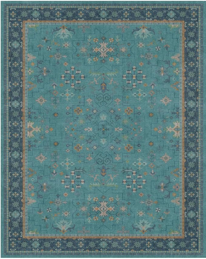 Boho 9x12 Large Teal Green Washable Living Room Rug - Vibrant Turquoise Rug for Bedroom Under Bed, Dining Room Under Table, Geometric Floral Low Pile & Soft Stain Resistant Carpet