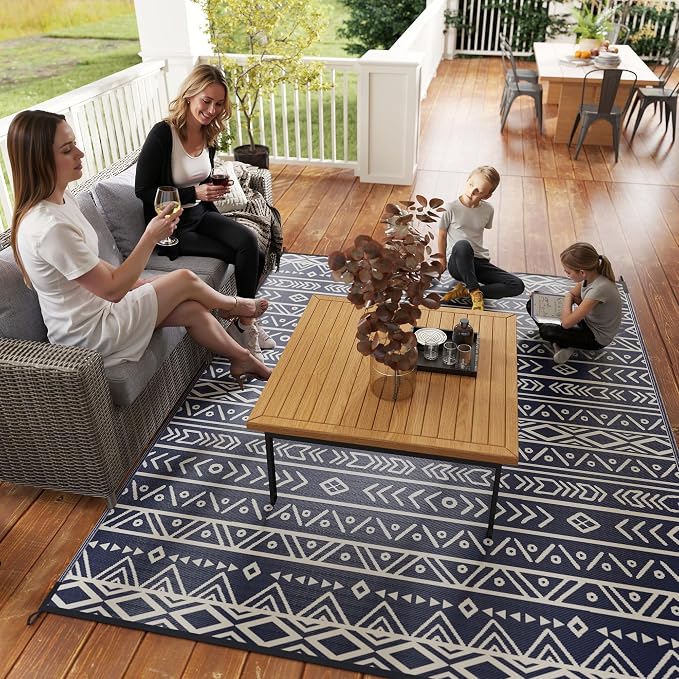 Outsunny Outdoor Rug for Patio, 8' x 10' Waterproof Large Mat, Reversible Plastic Straw Rug for Decor, Portable Outside RV Camping Area Carpet Mat for Backyard Porch Deck Picnic, Blue White Geometric