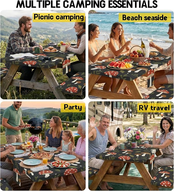 Picnic Table Cover with Bench Covers Elastic Tablecloth Camping Essentials Table Cloth Outdoor Glamping Cool Unique Fun Ideas Birthday Camping Gifts for Mother Mama Mommy Mom from Daughter Son Black