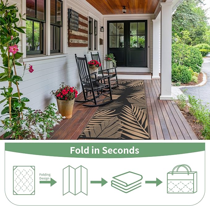 GENIMO Outdoor Rug 2.5' x 8' Waterproof for Patios Clearance, Reversible Outdoor Plastic Straw Camping Rug Carpet, Large Area Rugs Mats for RV, Camper, Deck, Balcony, Porch, Beach, Picnic, Black&Brown