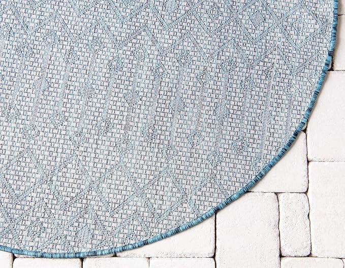 Unique Loom Outdoor Trellis Collection Area Rug - Tribal Trellis (4' 1" Round, Teal/ Ivory)