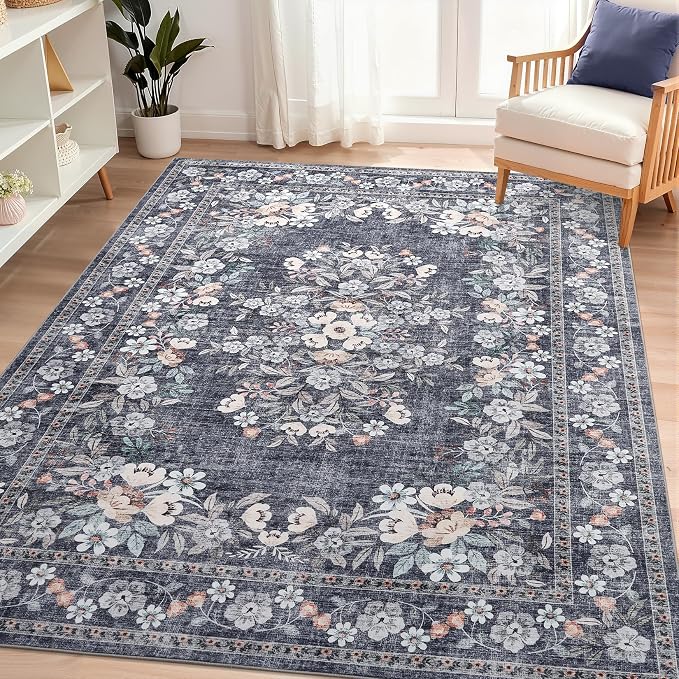 GarveeHome 6x9 Area Rug for Living Room Botanical Bordered Blue Floor Cover | Vintage Distressed Leaf and Flower Bedroom Rugs Low Pile Machine Washable Non-Slip Floral Area Rug for Dining Home Office