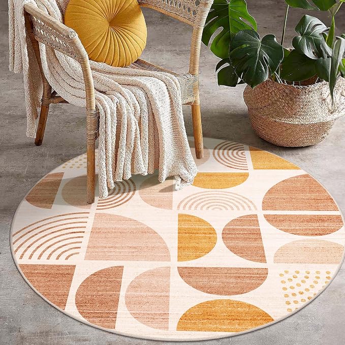 Round Rug 4ft Small Circle Area Rug Washable Non Slip Modern Abstract | Circular Rugs for Entryway Bedroom Kitchen Boho Throw Carpet Soft Low Pile Floor Indoor Bohemian Orange