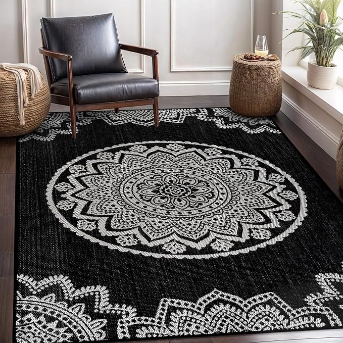 CAMILSON Outdoor Rug 5x7 Modern Area Rugs for Indoor and Outdoor Patios and Porches - Waterproof Washable Non-Shedding Easy-to-Clean Outside Carpet (5 x 7 Medallion - Black/White)