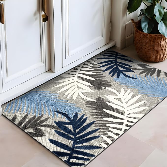 Rugshop Blue Palm Frond Indoor/Outdoor Accent Rug Easy Cleaning for Entryway, Kitchen and Mudroom, 2' x 3'