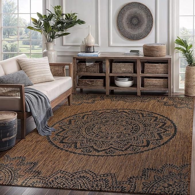 CAMILSON Outdoor Rug 8x10 Modern Area Rugs for Indoor and Outdoor Patios and Porches - Waterproof Washable Non-Shedding Easy-to-Clean Outside Carpet (8 x 10 Medallion - Gold/Black)
