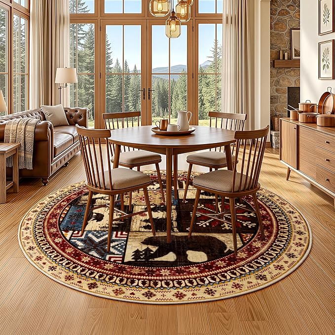 LOKHOM 5ft Round Area Rugs for Bedroom, Washable Western Western Bear Rug | Bear Pattern, Non-Slip, Low Pile, Soft Floor Carpet, Vintage Wildlife Accent, For Living Room Bedroom Entryway Nursery