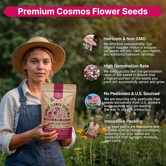 Cosmos Flower Seeds Pack 4 oz - 18,000 Non-GMO Heirloom Annual Seeds for Planting Indoor & Outdoor Gardening, Flower Seed for Garden in Resealable Packet, Floral Mix for Pollinators Perennial Mix
