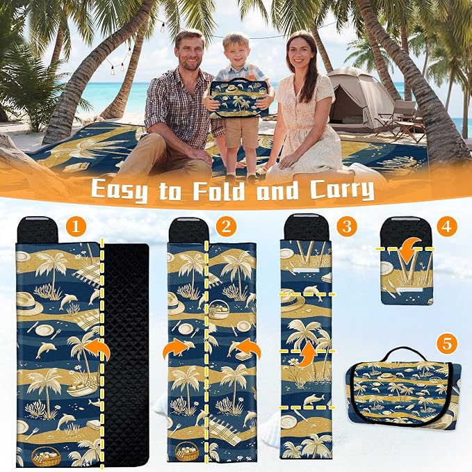 79" x 118" Picnic Blanket Extra Large,Waterproof Sandproof Foldable Outdoor Blanket Beach Blanket Ocean Picnic Mat for Camping,Lawn,Park(Coconut Tree)