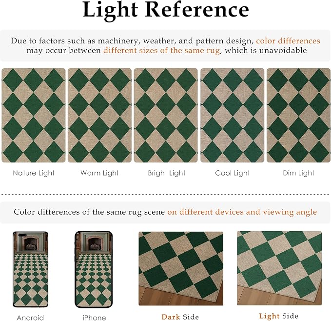 PureCozy 8x10 Checkered Easy Jute Area Rug for Living Room Large Checkerboard Washable Indoor Outdoor Carpet Farmhouse Patio Office Mat Geometric Non Slip Green Carpet for Backyard Dining Room