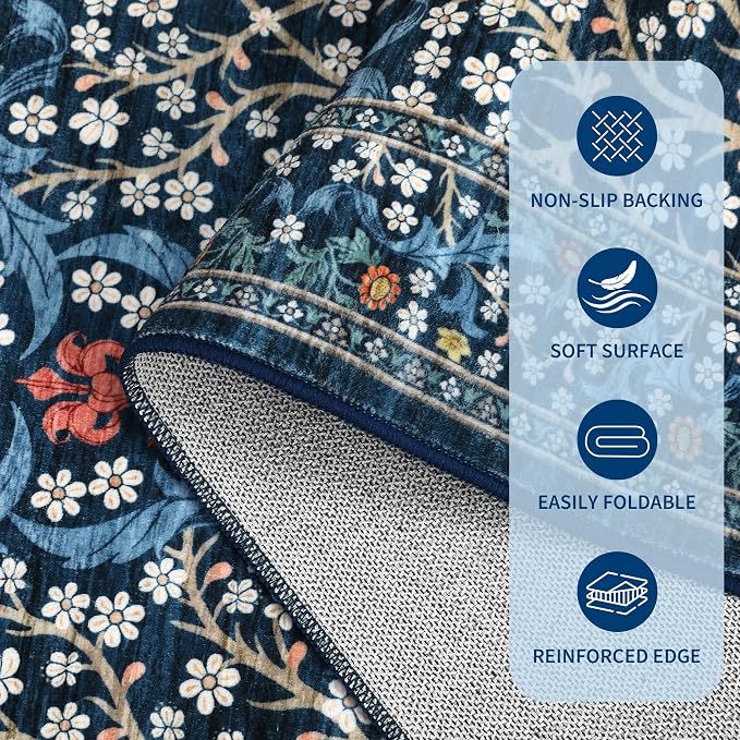 GarveeHome Blue Floral 2.5x8 Washable Kitchen Runner Rug | Vintage Stain Resistant Rugs for Entryway Hallway Bedroom Bathroom Low-Pile Non-Slip Soft Botanical Boho Rug TPE Backing