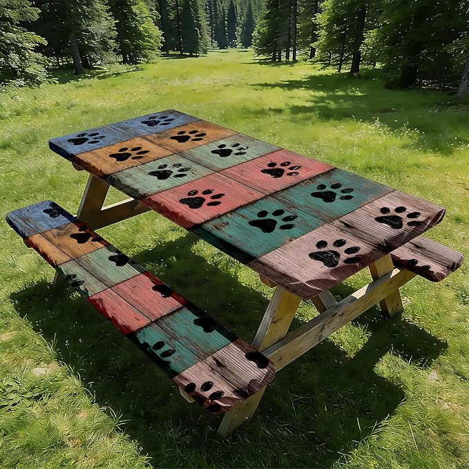 NYZE 3 Pieces Picnic Table Cover with Bench Covers Set, Camping Tablecloth, Tablecloth Cover with Drawstring Bag, Camping Essentials for Outdoor Picnics, Patio, BBQ (Paw Print Wood)