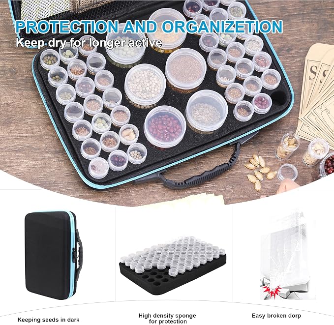 48 Slots Seed Storage Organizer Box, Garden Vegetable Plant Flower Seeds Saving kit with Write Label Funnel Tweezer 2 Sizes Storage Bottles
