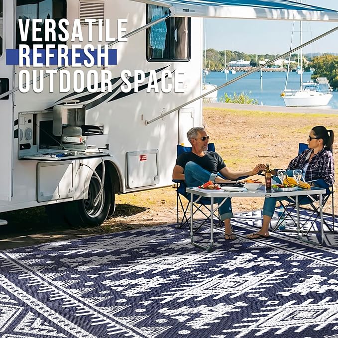 OLANLY Outdoor Rug Waterproof 6x9 ft, Reversible Outdoor Plastic Straw Rug, Boho Patio Rug, Indoor Outdoor Carpet, RV Mat Outside for Patio, Camp, Picnic, Balcony, Deck, Backyard, Navy & White