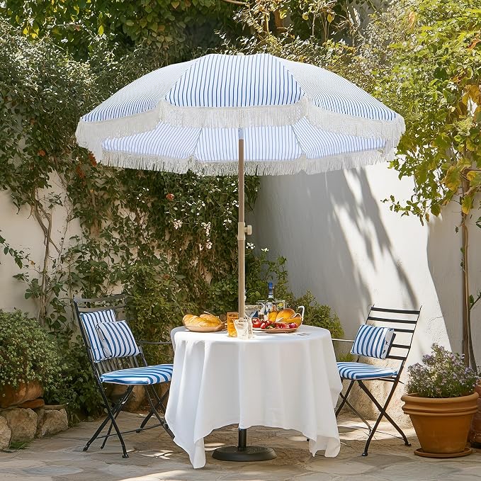 6.5FT Boho Patio Umberlla with Fringe,UPF50+ Outdoor Umbrella with Fiberglass Ribs and Push Button Tilt,Tassels Umbrella for Beach,Terrace,Picnic