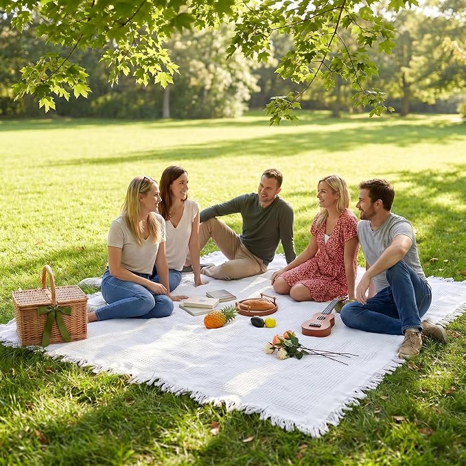 70"x 70" Picnic Blanket Extra Large,Layer Outdoor Blanket for 5 to 7 Adults,Camping Grass Lawn Park Accessories Cute Couple Gifts Ideas Wedding Registry for Park, Beach (White)
