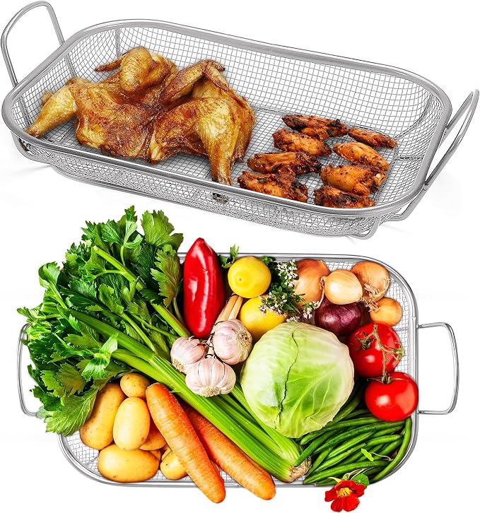 Homi Styes Grill Baskets for Outdoor Grill – 15 x 11-inch Vegetable Grill Basket – Grill Vegetable Basket with Handles – Rustproof Stainless Steel Mesh Veggie Grilling Basket