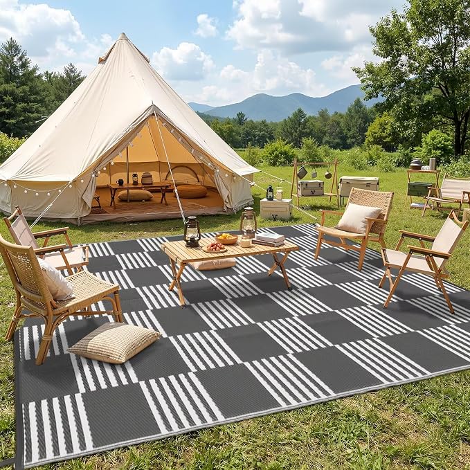 Garvee Waterproof Outdoor Rug 9x18, Checkered Foldable Plastic Straw Patio Camping Rug, Outdoor RV Carpet for Deck Camper Porch Balcony Backyard Picnic Beach Gray and White