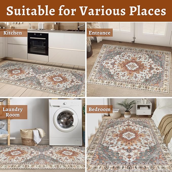 Tangsoo 2x6 Washable Runners Rug for Hallway, Vintage Non Slip Rug Runners | Oriental Soft Low Pile Rug, Boho Print Carpet Farmhouse Runners for Kitchen Bedroom Entryway Bathroom Living Room Turmeric
