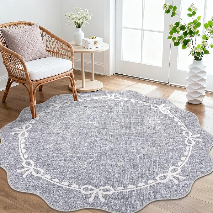GarveeHome 4ft Round Rugs Washable Scalloped Bow Rug for Bedroom, Grey | Non Slip Soft Low Pile Ultra-Thin Stain Resistant Indoor Carpet for Living Room Nursery Girls Dorm Decor Kids Room Playroom