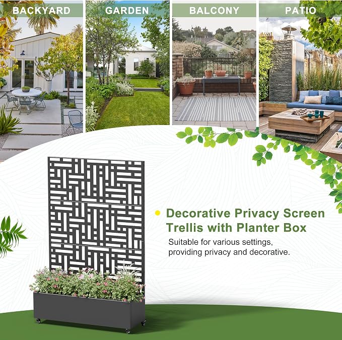 Casaphoria Metal Raised Garden Bed with Trellis and Wheels, 72"x47"x16" Planter Box for Climbing Plants, Vegetables & Vines, Features Drainage Holes and Privacy Screen (Black-Helen)
