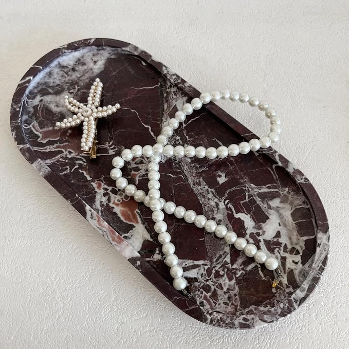 Natural Marble Oval Tray Ornaments Vintage Small Tray Storage Dish for Counter, Vanity, Dresser, Nightstand and Desk (Rosa Levanto)