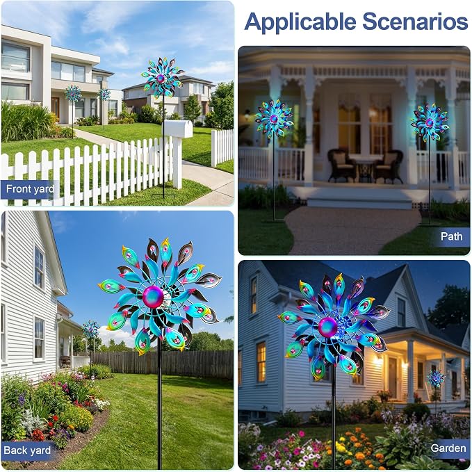 360°Peacock Solar Wind Spinner with Lights Blue Metal Garden Outdoor Decor Yard Lawn Art Decor for Patio Kinetic Windmills Unique Gifts for Friends and Family 51.9' H x 12.2'' Dia