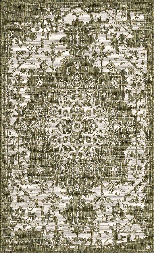 Unique Loom Outdoor Collection Area Rug - Dubai (3' 3' x 5' 3' Rectangle, Green/ Ivory)