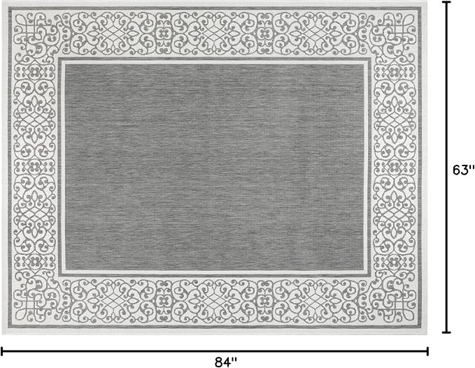Gertmenian Indoor/Outdoor Flatweave Area Rug - 8x10 Large, Stain & UV Resistant, Ideal For Deck, Patio, Poolside, Mudroom - Abstract Border, Dark Grey White, 22947