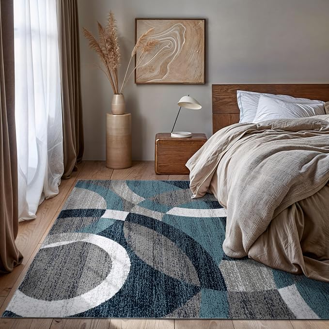 Rugshop Overlapping Circle Modern Geometric Area Rug Blue 5'3" x 7'3" | Indoor, Non-Shedding, Rectangular, Size 5'3" x 7'3", Living Room, Bedroom, Dining Room, Home Office, Kitchen, Entryway