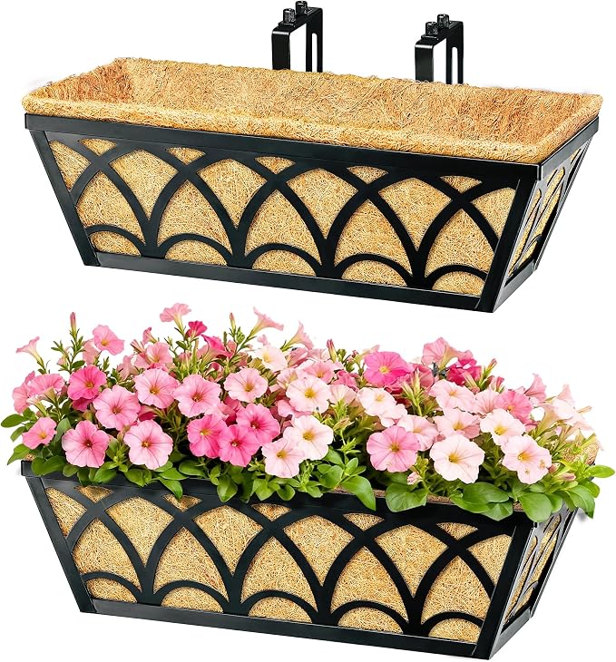 16 Inch Railing Planter Box Window Boxes Planters - 4 Pack Deck Railing Planter Boxes with Adjustable Brackets Coco Liners Balcony Planters Railing Hanging for Window Flower Boxes Outdoor Garden Decor