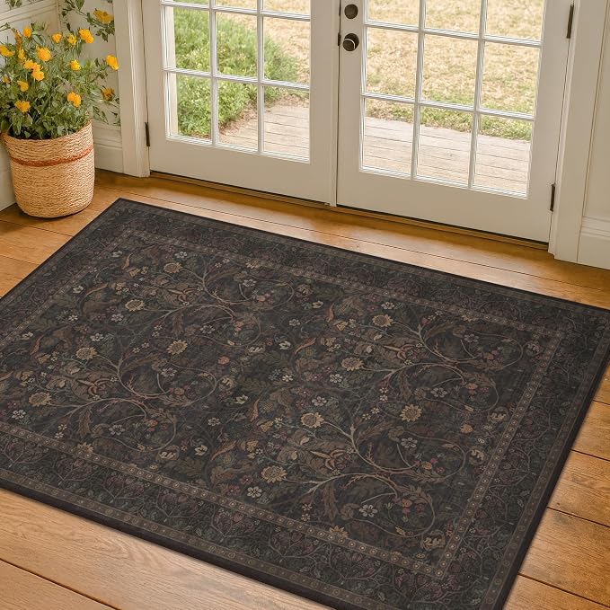 3x5 Rustic Brown Large Entry Way Area Rugs Indoor Washable - Non-Slip Low Pile Kitchen Floor Mats, Floral Botanical Bedroom Rug, Thin Waterproof Laundry Room Rugs Stain Resistant