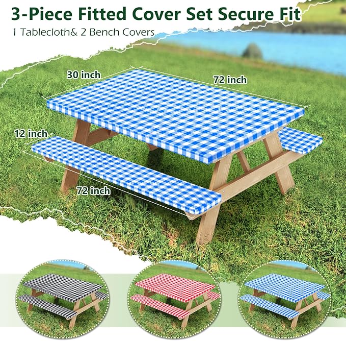 Picnic Table Cover with Bench Covers and Bag, Camping Table Camping Essentials Cover with Elastic Edges (Blue)