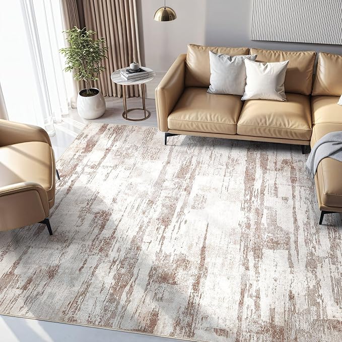 kakania Abstract 6x9 Area Rugs for Living Room: Washable Rugs Light Brown | Soft, Non-Slip, Low-Pile, Pet & Kid Friendly - Modern Home Decor Carpet for Bedroom/Dining Room/Office/Nursery