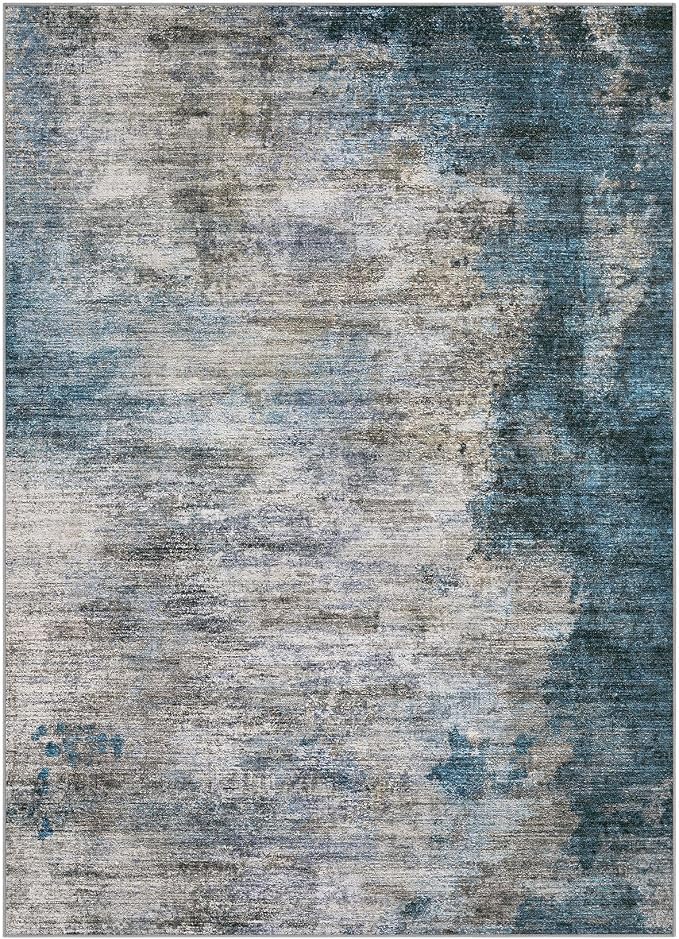 DMOYEST 10x12 Area Rug for Living Room Washable Abstract Indoor Carpet | Neutral Modern Low Pile Rugs Kid & Pet Friendly Large Soft Thin Carpet for Bedroom Dining Room and Office - Dark Grey Blue