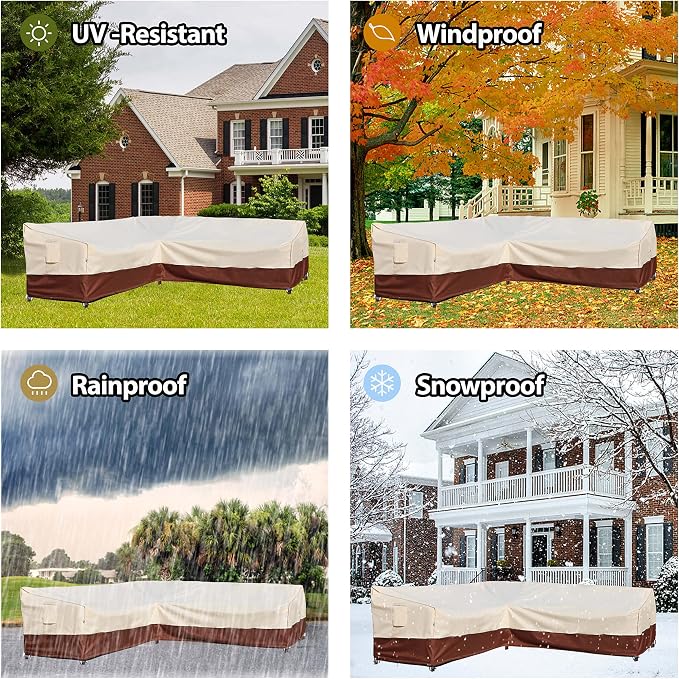 Outdoor Sectional Cover Patio Furniture Covers Waterproof Rip-Stop Anti-UV 600D Heavy Duty Outdoor Couch Sofa Cover with 3 Air Vents (V-Shaped-120''X120''),Beige & Reddish Brown
