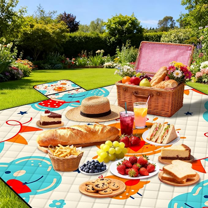 Poedist Extra Large Picnic Blanket Waterproof,80"x 80"Foldable Machine Washable Beach Blanket,Outdoor Blanket for 6-8 Adults,Suitable for Indoor Crawling,Park Beach,Camping,Hiking,Family Travel(Sun)