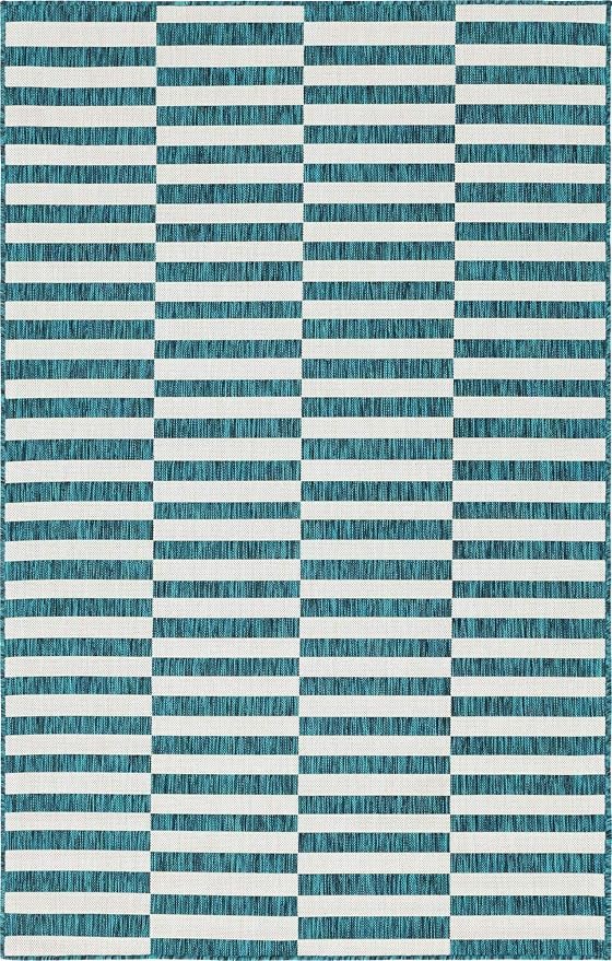 Unique Loom Outdoor Striped Collection Area Rug - Striped (5' 1" x 8' Rectangle, Teal/Ivory)