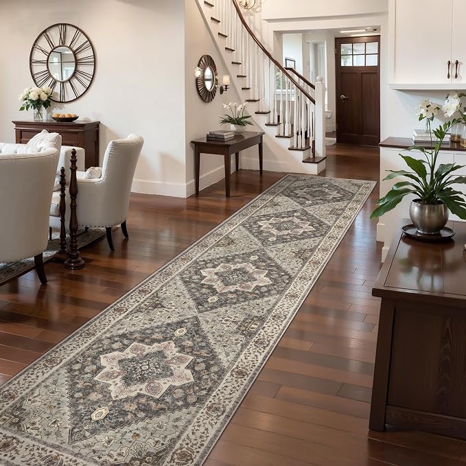 Tangsoo Farmhouse 2.6x12 Hallway Runner Rugs Washable Runner Rug Non Slip | Vintage Soft Low Pile Long Rug Runners, Oriental Boho Print Indoor Carpet Runners for Kitchen Bedroom Living Room Grey Decor
