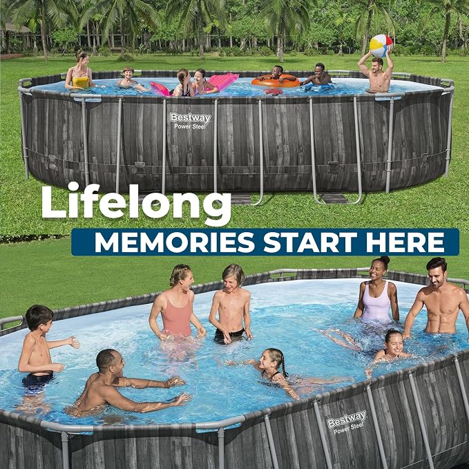 Bestway Power Steel 20’ x 12’ x 48” Above Ground Pool, Oval Metal Frame Outdoor Swimming Pool Set with Filter Pump, Ladder, and Cover | Durable Oval Metal Frame Outdoor Backyard Pool - Ladder, Cover, and Type III Filter Cartridge Included, Wood Print